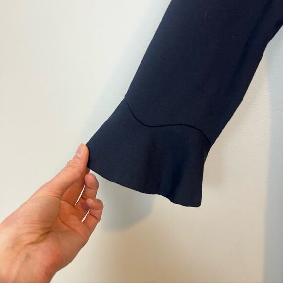 Talbots Navy Ponte Sheath Dress sz 2 Flounce Hem 3/4 Bell Sleeve V Neck Stretch - Picture 4 of 7
